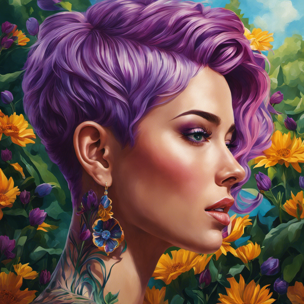 An image capturing a young woman with vibrant purple hair, her undercut intricately shaved into a captivating floral design