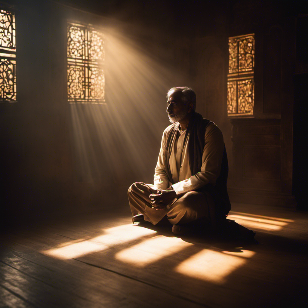 An image showcasing a grieving Hindu man, seated cross-legged on the floor in a dimly lit room