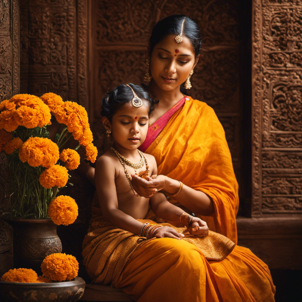 An evocative image capturing a Hindu ritual: A serene mother gently shaving her daughter's head, surrounded by fragrant marigolds, as sunlight streams through a temple window, symbolizing the profound cultural significance and spiritual essence behind this ancient practice