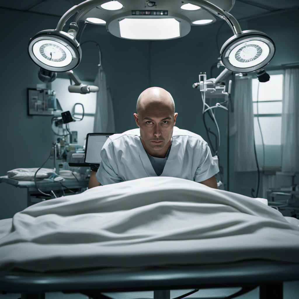 An image of a sterile hospital room with a bald patient lying on a surgical table, surrounded by medical equipment