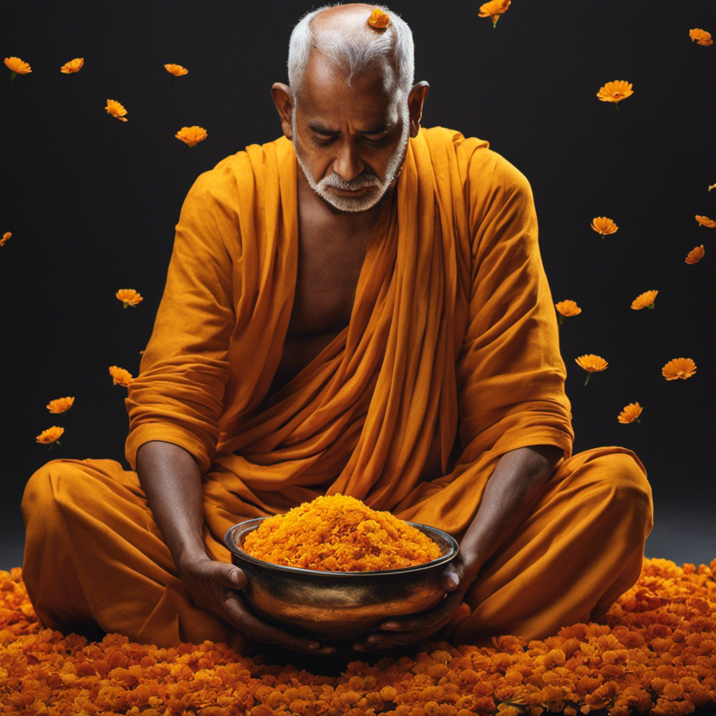 An image of a grieving Indian man, seated solemnly, his head freshly shaved, as fragrant marigold petals gently cascade down, symbolizing the traditional act of mourning and paying homage to the departed