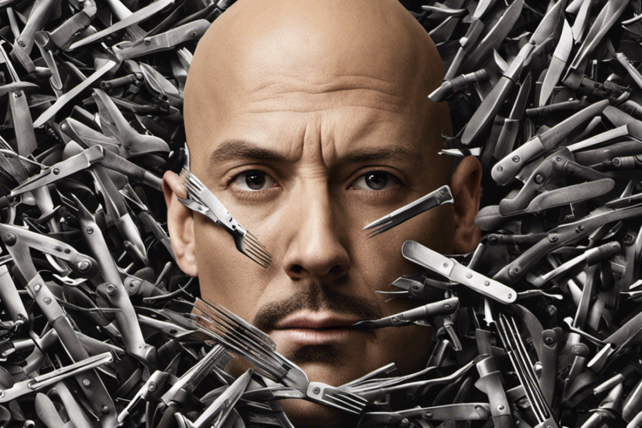 An image featuring a bald head, surrounded by discarded razors, symbolizing the topic "Why Do Mass Murderers Shave Head Bald