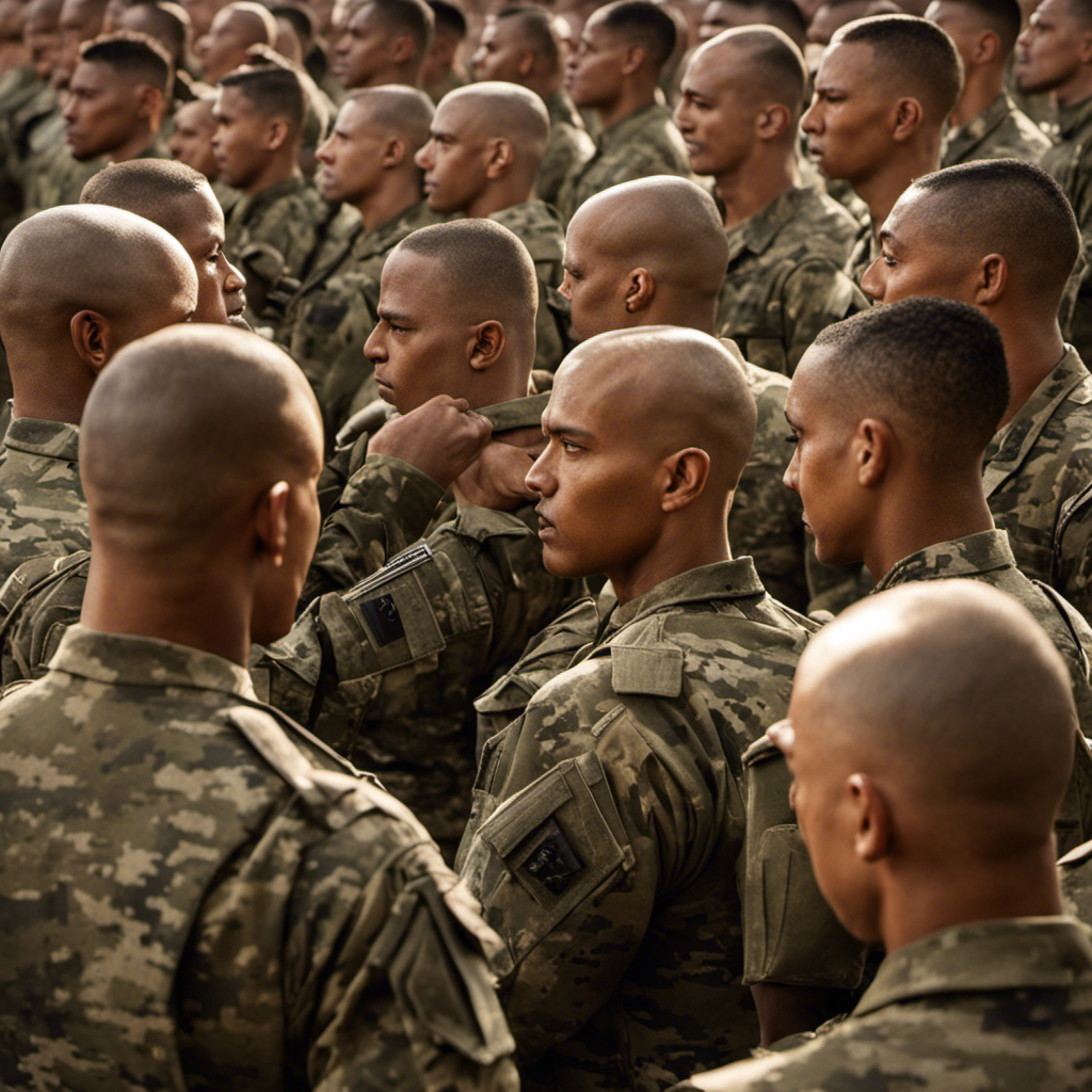 An image capturing the intense camaraderie in the army, where soldiers with freshly shaved heads stand united in disciplined formation, exuding determination and strength, while their gleaming scalps symbolize sacrifice and uniformity