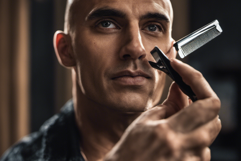An image showcasing a close-up of a man's hand holding a razor while shaving his head