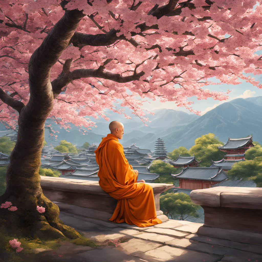 An image showcasing a serene monastery courtyard, adorned with vibrant cherry blossom trees, as a monk with closed eyes, clad in saffron robes, peacefully shaves his head, symbolizing his commitment to renunciation and spiritual purity
