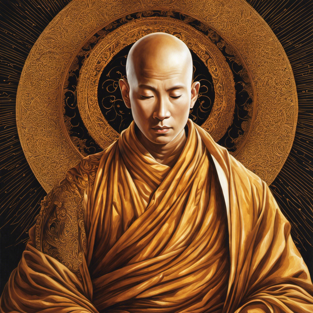 An image featuring a close-up of a serene, bald-headed monk with a smoothly shaved scalp, emphasizing the intricate patterns of sunlight bouncing off his smooth skin, symbolizing the monk's spiritual devotion and renunciation of earthly attachments