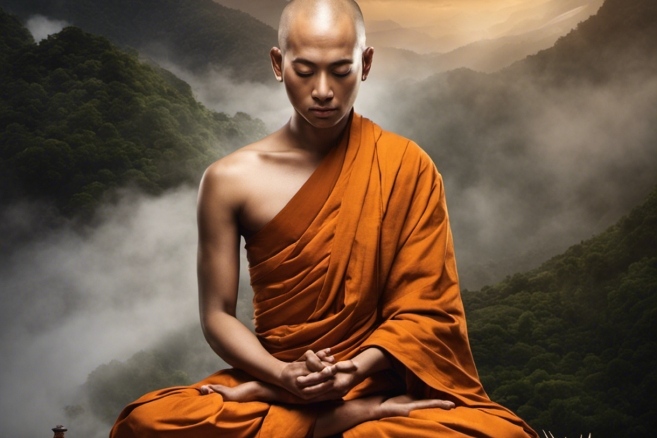 An image showcasing a serene Buddhist monk, his eyes closed in deep meditation, as a skilled hand gracefully glides a sharp razor across the top of his head, revealing a perfectly smooth, bare scalp