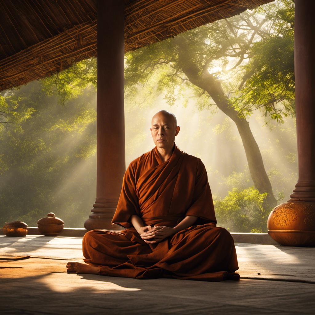 An image capturing the serene scene of a bald-headed monk sitting cross-legged in meditation, surrounded by rays of morning sunlight gently illuminating the smooth, shaven heads of his fellow monks, evoking their commitment to simplicity, purity, and spiritual enlightenment