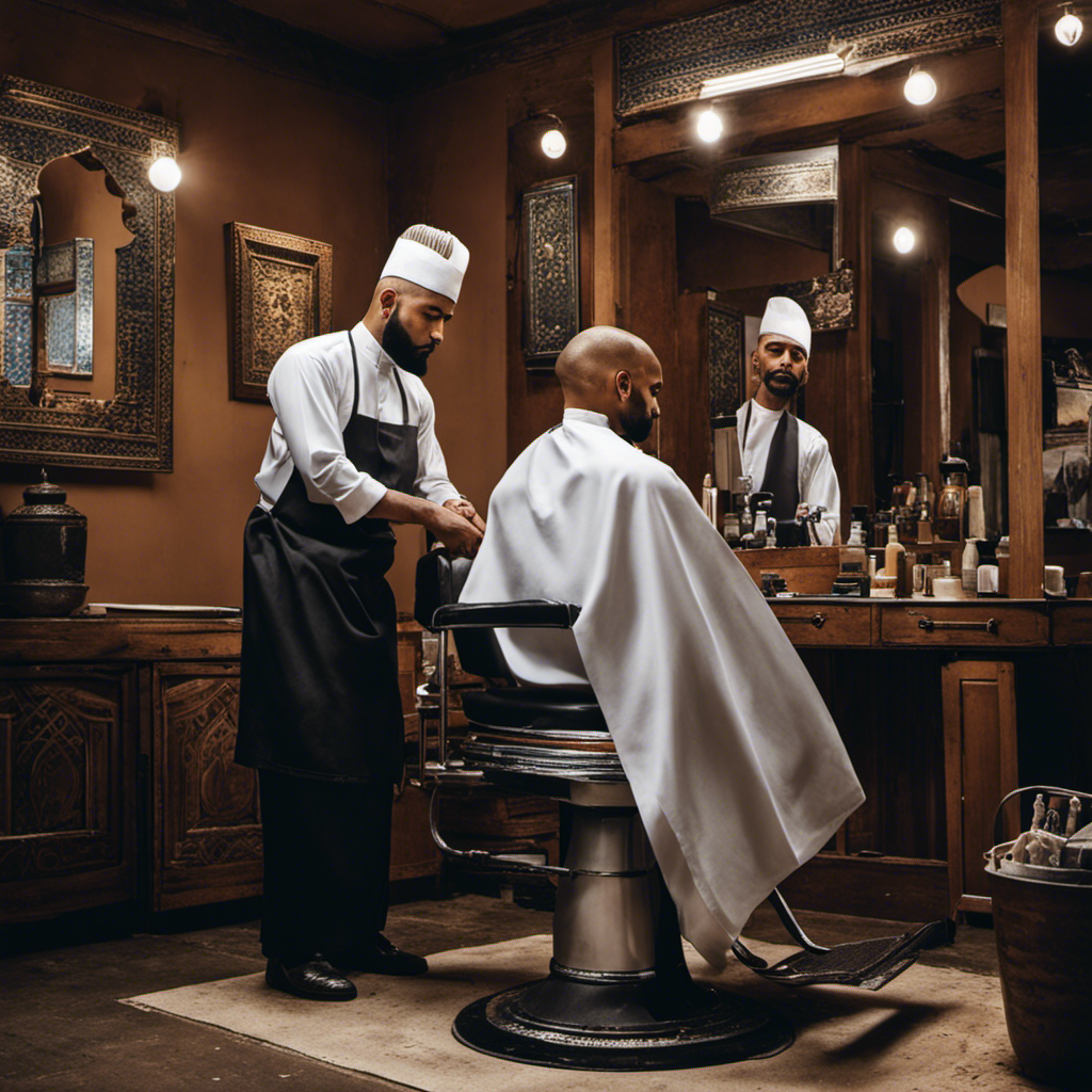 An image that showcases a close-up of a Muslim man's head being gently shaved by a barber, capturing the serene ambiance of a traditional barbershop