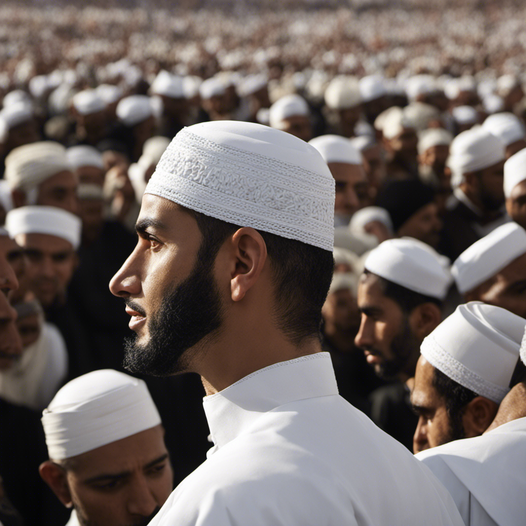 An image capturing a close-up view of a Muslim pilgrim's head during Hajj, showcasing the smooth and clean-shaven scalp, symbolizing humility and equality amidst the diverse crowd of worshippers