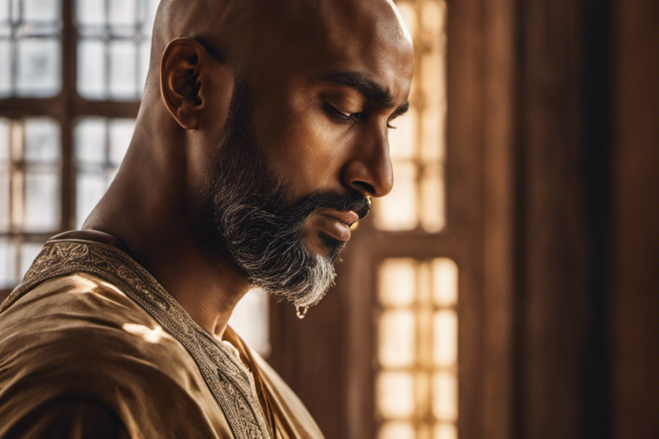 An image that showcases a close-up shot of a Muslim man gently shaving his head, with determination and reverence, as the sunlight filters through a nearby window, illuminating his face and reflecting his faith