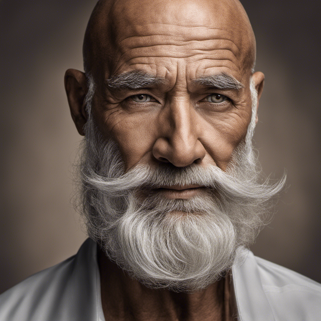 An image capturing the essence of a weathered man's face, adorned with a majestic silver beard, contrasting against his bald head
