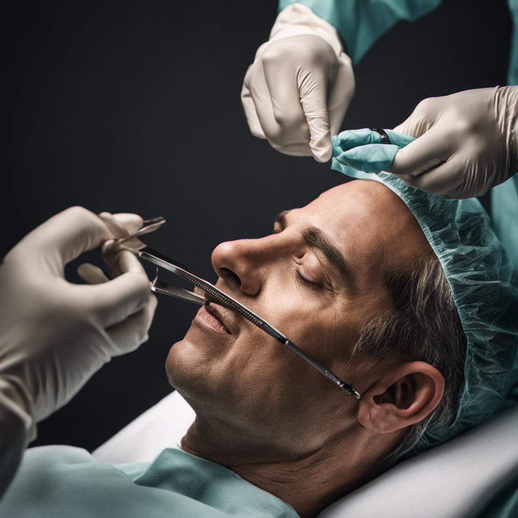 An image showcasing a close-up shot of a surgeon's gloved hand gently gliding a razor over a patient's head