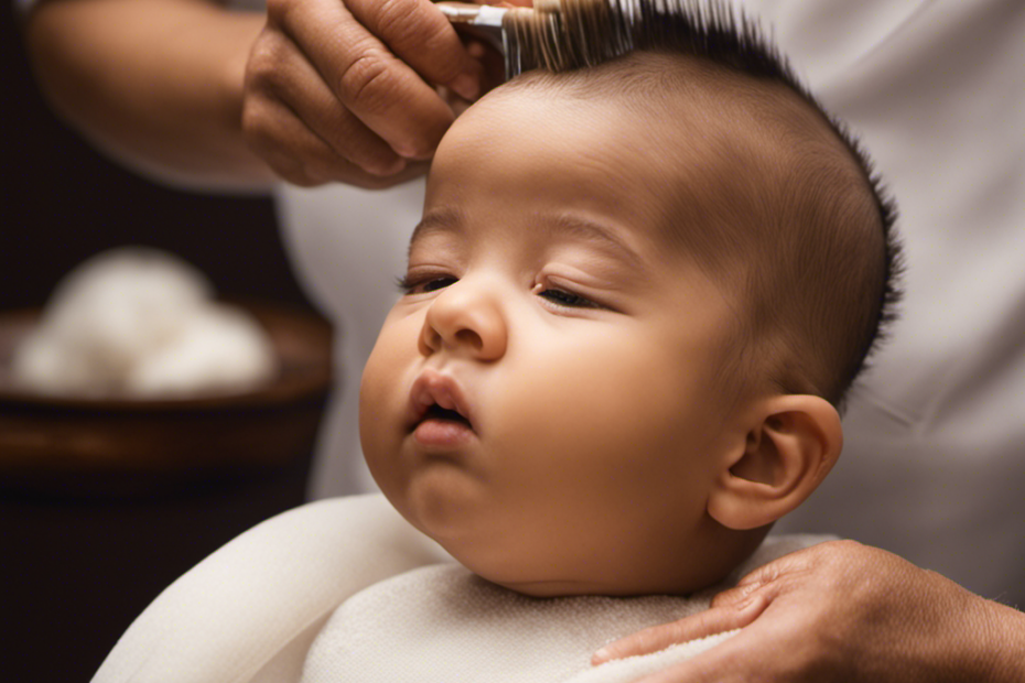 An image capturing the delicate moment of a baby's head being gently shaved, showcasing the soft tufts of hair being carefully removed, leaving a tender, smooth scalp, an age-old tradition filled with cultural significance