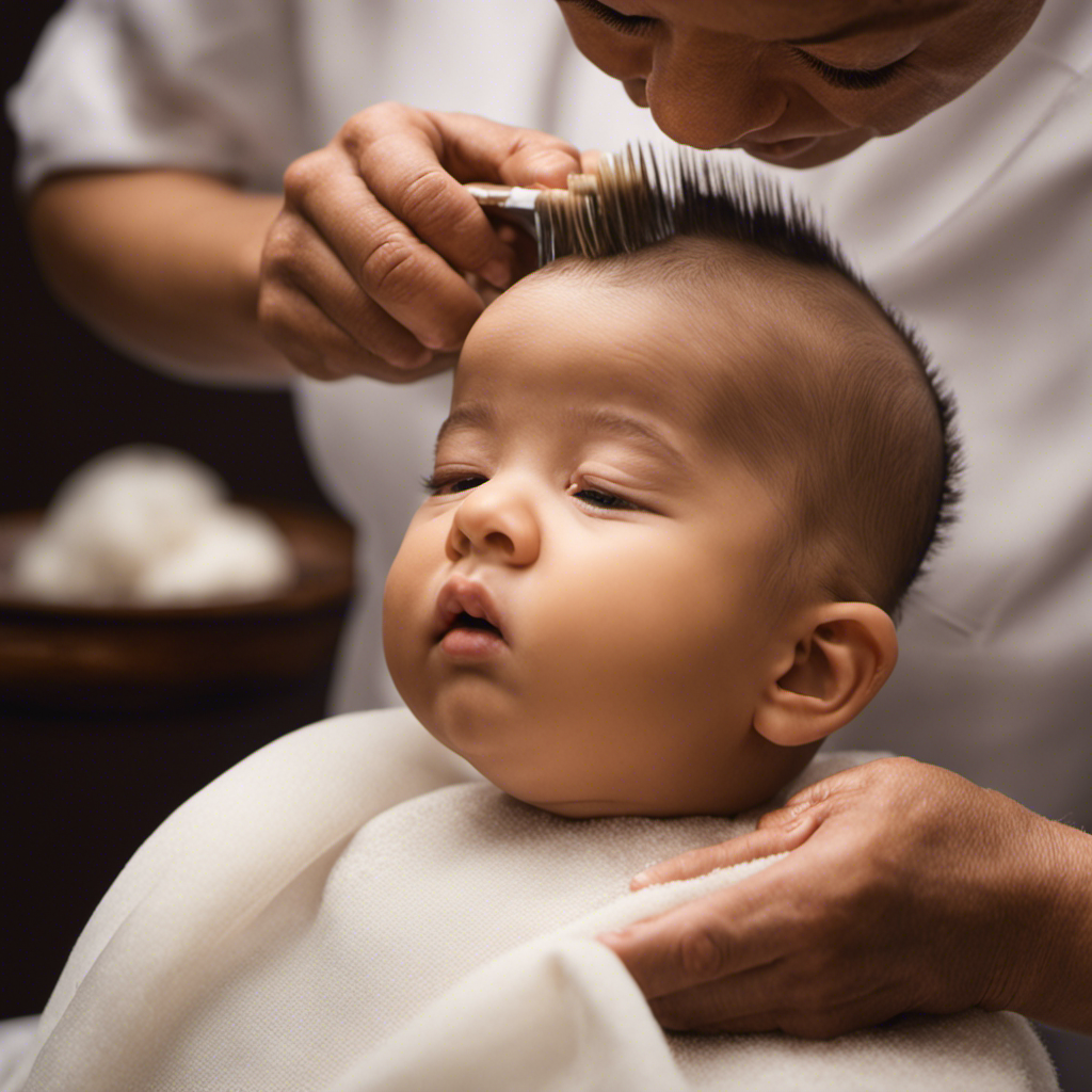 An image capturing the delicate moment of a baby's head being gently shaved, showcasing the soft tufts of hair being carefully removed, leaving a tender, smooth scalp, an age-old tradition filled with cultural significance