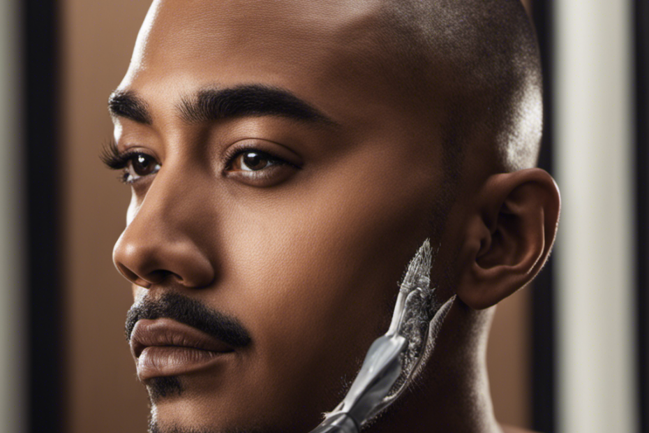 An image capturing the transformation of a person shaving their head and eyebrows