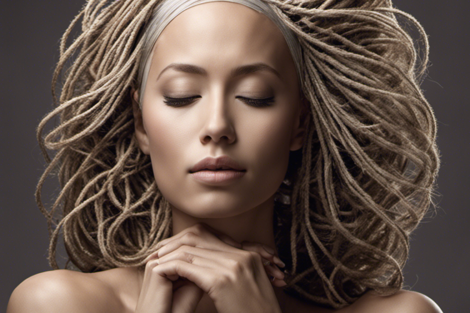 An image showcasing a close-up of a person's serene face, eyes closed, as strands of their hair gently fall to the ground, symbolizing their selfless act of shaving their head to support cancer patients