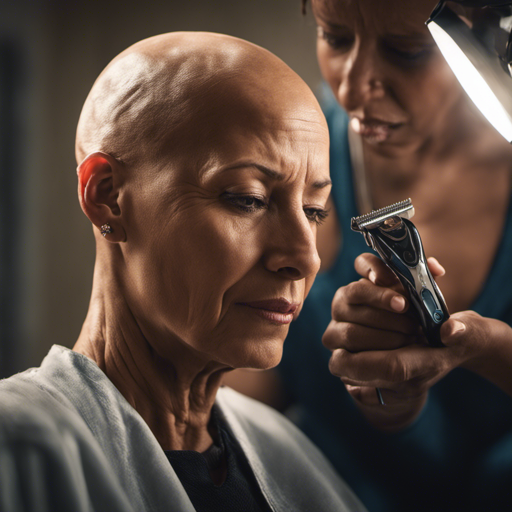 An image showcasing a close-up shot of a tearful cancer patient sitting in a brightly lit room, surrounded by hair clippers, as a loved one gently shaves their head, symbolizing strength and unity