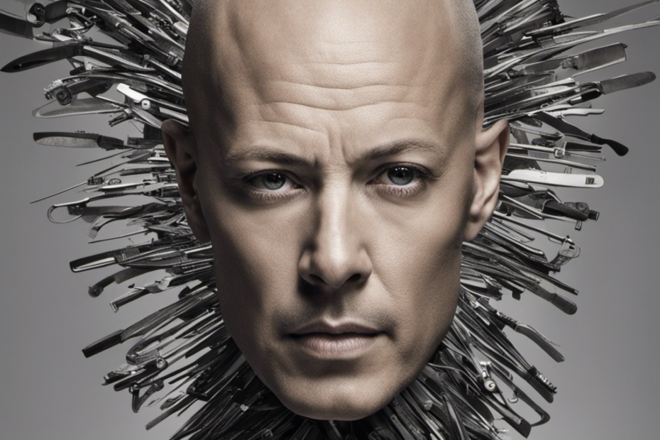 An image that captures the raw vulnerability and strength of a person with cancer, depicting a reflection of their bald head in a mirror, surrounded by scattered locks of hair and a pair of clippers