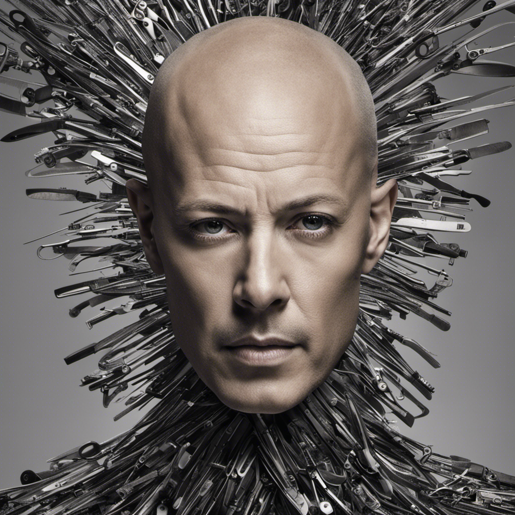 An image that captures the raw vulnerability and strength of a person with cancer, depicting a reflection of their bald head in a mirror, surrounded by scattered locks of hair and a pair of clippers