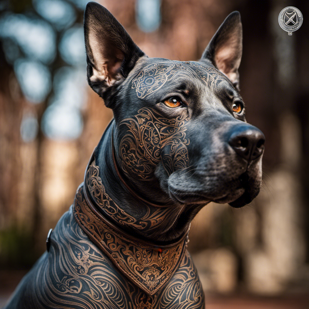 An image of a Que dog with a clean-shaven head, showcasing the intricate design of their tattoos, alongside a reflection of their fierce loyalty, commitment, and brotherhood, symbolizing the unbreakable bond they share, without any need for words