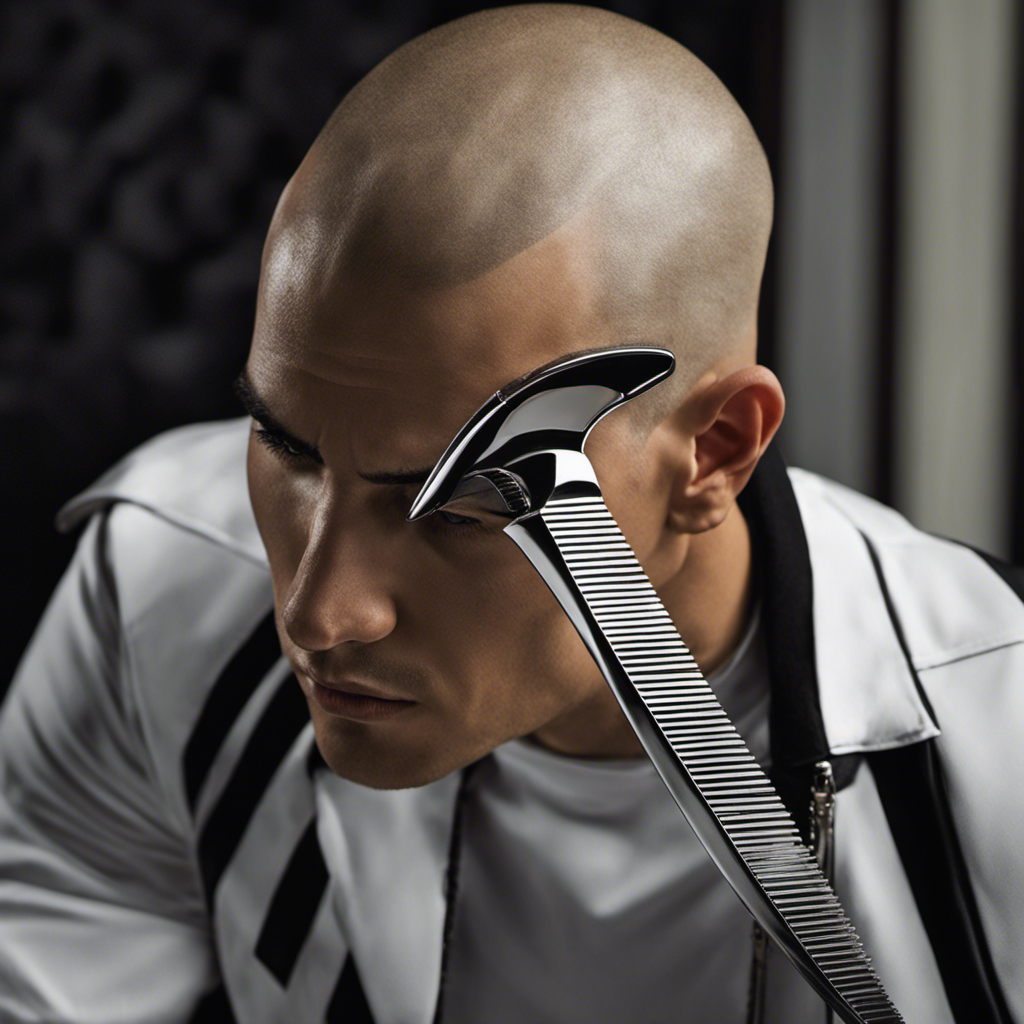 An image featuring a close-up of a skinhead's razor gliding over a smooth scalp, capturing the reflection of a determined gaze in the blade
