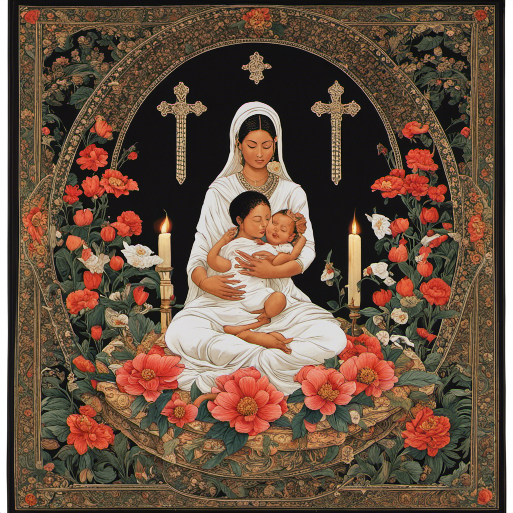 An image depicting a serene setting with a mother sitting cross-legged, surrounded by flowers and candles
