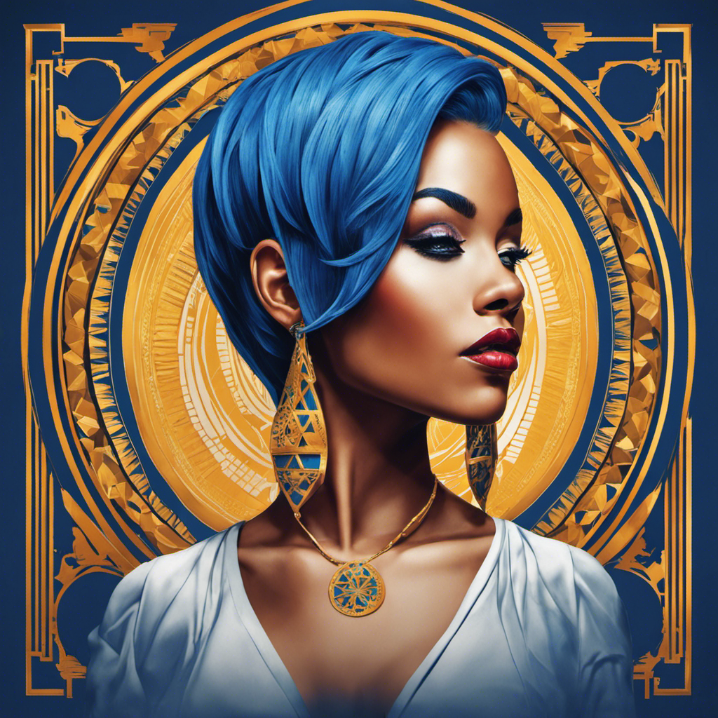 An image showcasing a confident woman with vibrant blue hair, her shaved side adorned with intricate geometric patterns