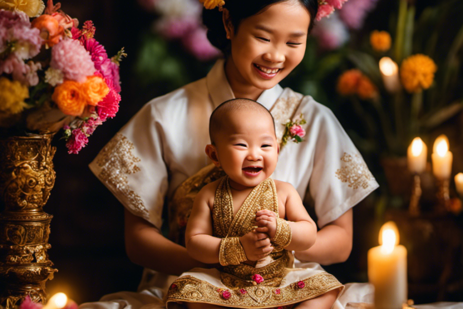 An image capturing the tender moment of a Thai baby's first head shaving ceremony