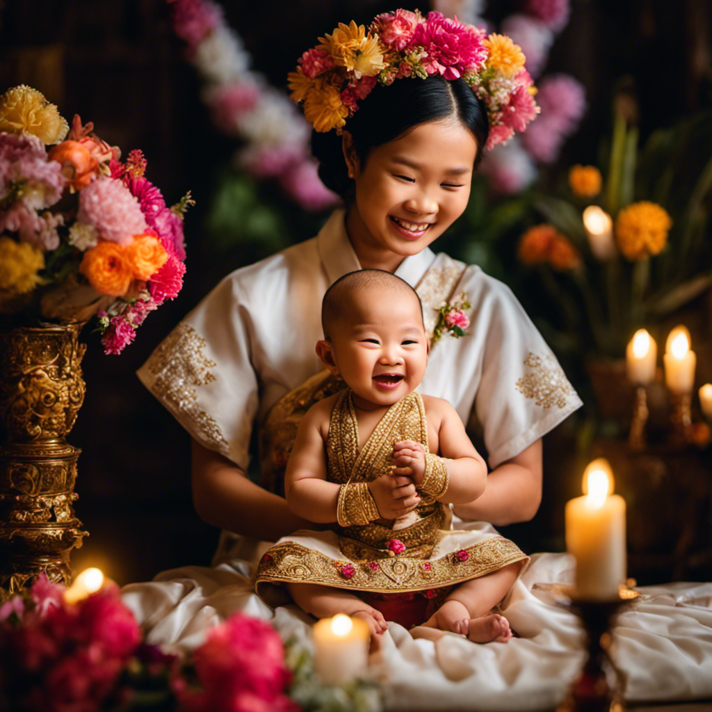 An image capturing the tender moment of a Thai baby's first head shaving ceremony