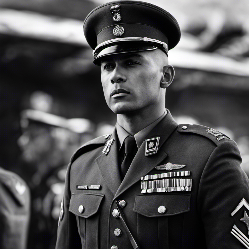 An image capturing the moment a soldier, standing tall in their crisp uniform, tightly clenches their jaw as a razor glides across their scalp, revealing their newly shaven head
