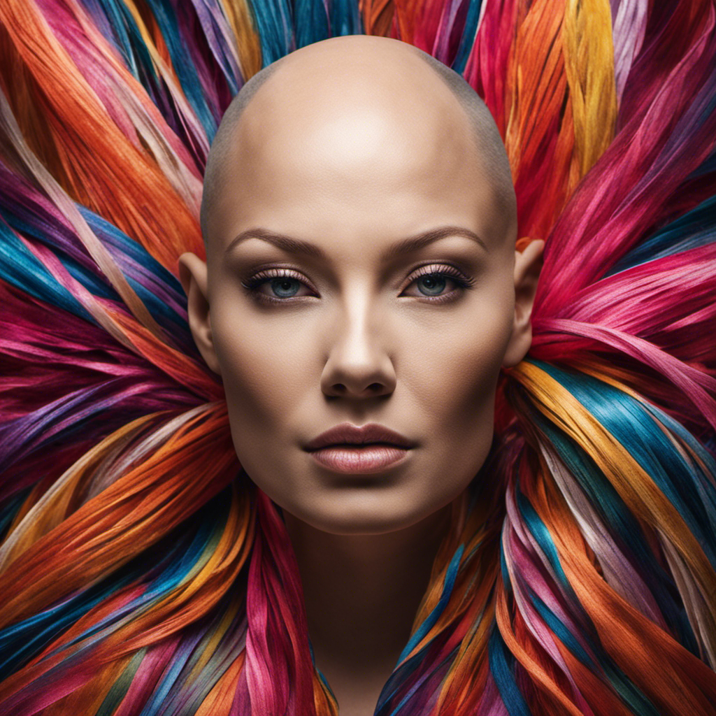 An image showcasing a close-up of a bald scalp, glistening under a soft light, surrounded by interwoven ribbons of different hues, symbolizing unity and compassion, to explore the profound reasons behind shaving heads for cancer