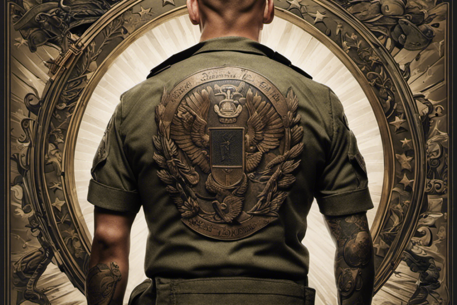 An image depicting a close-up of a soldier's shaved head, showcasing the precision of the razor against the backdrop of a military insignia tattoo, symbolizing the reasons behind the military's tradition of shaving heads