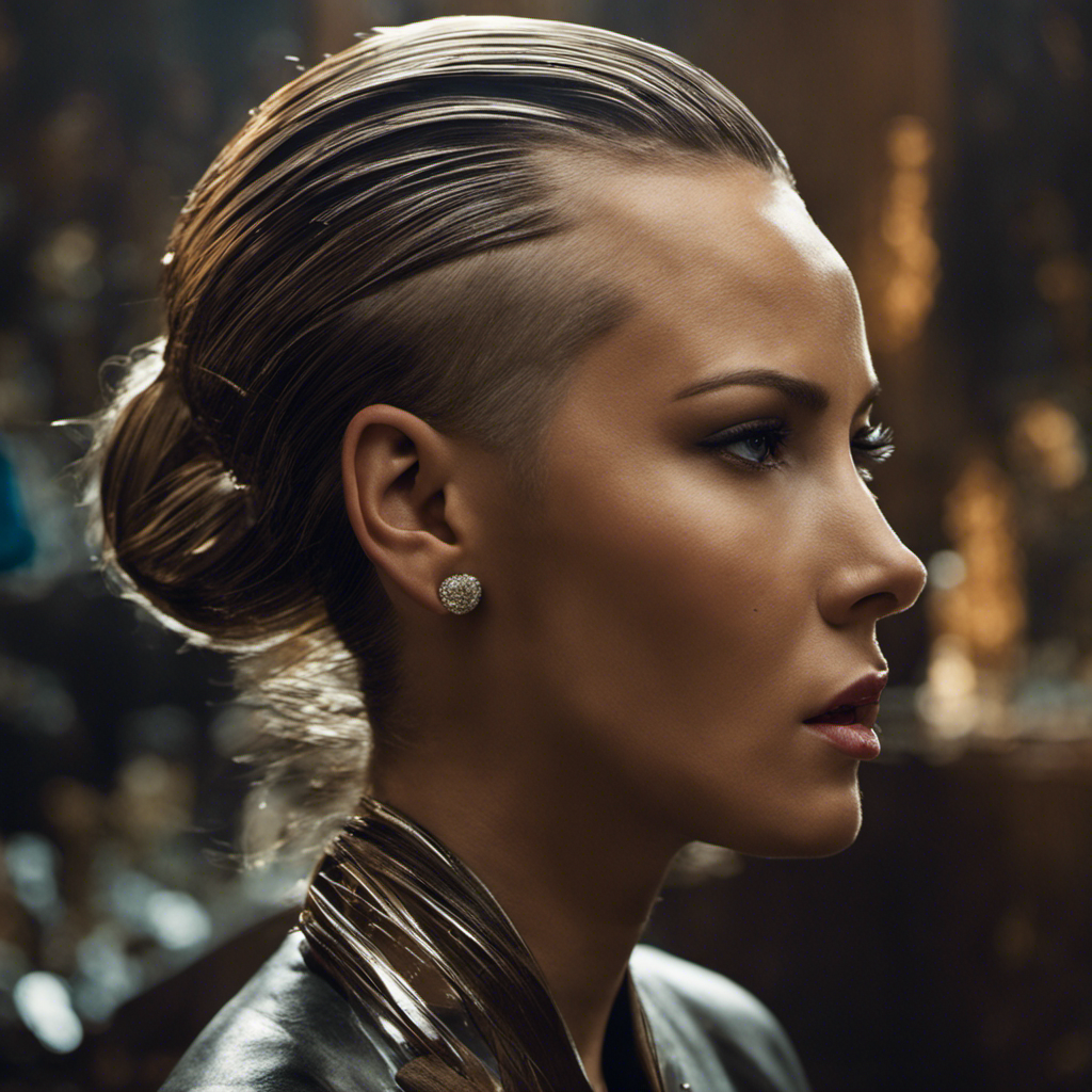 An image that captures the powerful moment from Unorthodox when a woman's head is shaved: the determined expression on her face, the glimmering reflection of the razor, and the cascade of hair falling to the ground