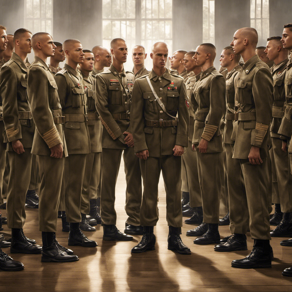 An image depicting a solemn soldier, standing tall, surrounded by fellow recruits sporting freshly shaven heads
