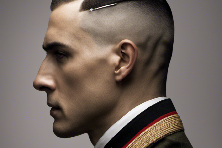 An image showcasing a soldier's close-up profile with a barber's razor gliding smoothly against their scalp, while a perfectly symmetrical, freshly shaved head emerges, revealing the military's tradition and its symbolic significance
