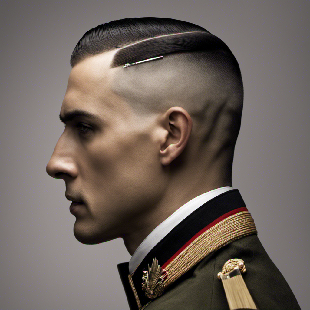 An image showcasing a soldier's close-up profile with a barber's razor gliding smoothly against their scalp, while a perfectly symmetrical, freshly shaved head emerges, revealing the military's tradition and its symbolic significance