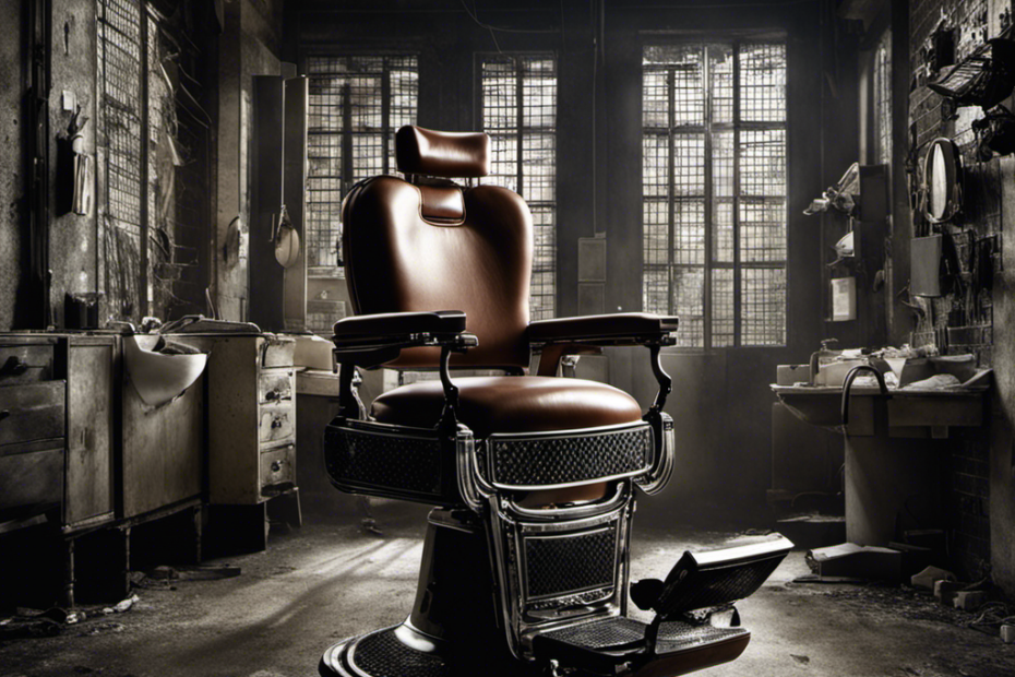 An image that captures the raw reality of a prison barber's chair, where clumps of freshly shaved hair, tinged with the glint of cold steel, lay scattered on the floor, echoing the loss of identity and the beginning of a new, confined existence