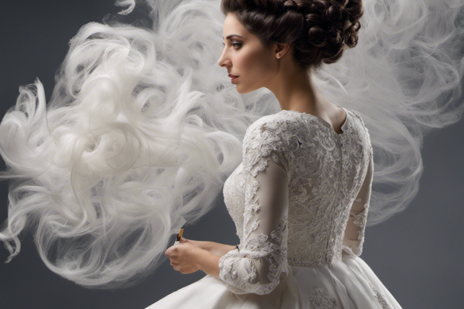 An image showcasing an ultra-orthodox Jewish woman, wearing a beautifully embroidered white wedding dress, carefully shaving her head with a silver razor, surrounded by a delicate cloud of fallen dark curls