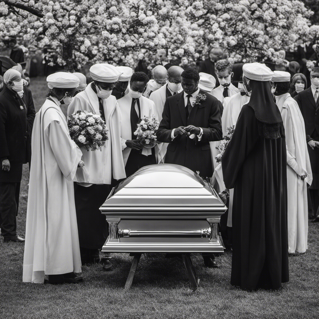 An image depicting a serene funeral scene with mourners surrounding an open casket