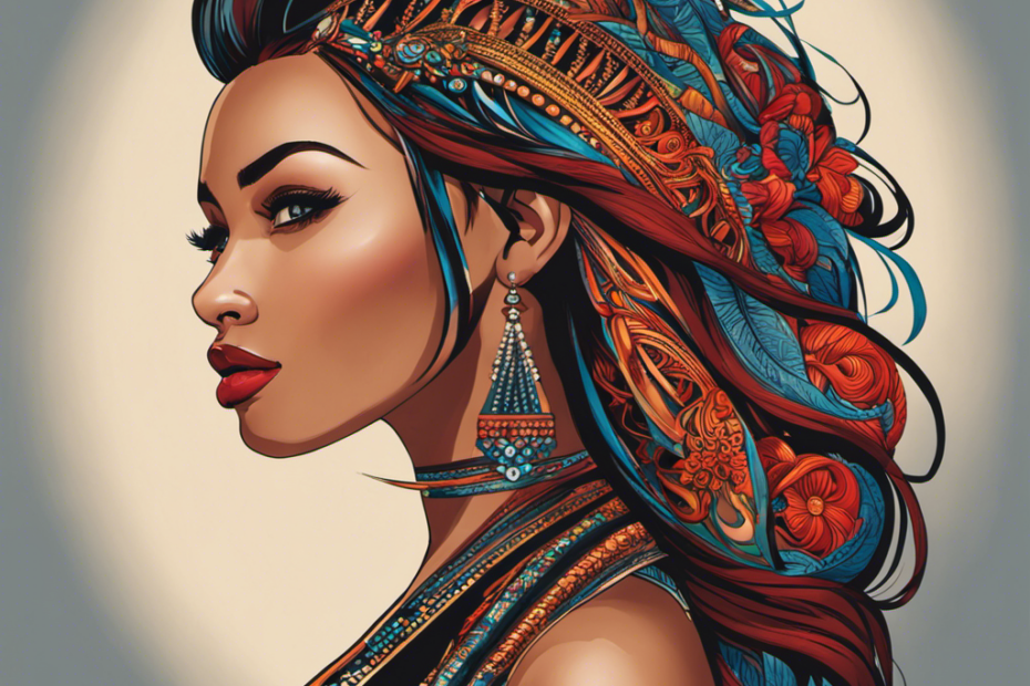 An image capturing a woman with vibrant, long locks cascading down one side, contrasting with a neatly shaved side adorned with intricate, tribal-inspired patterns