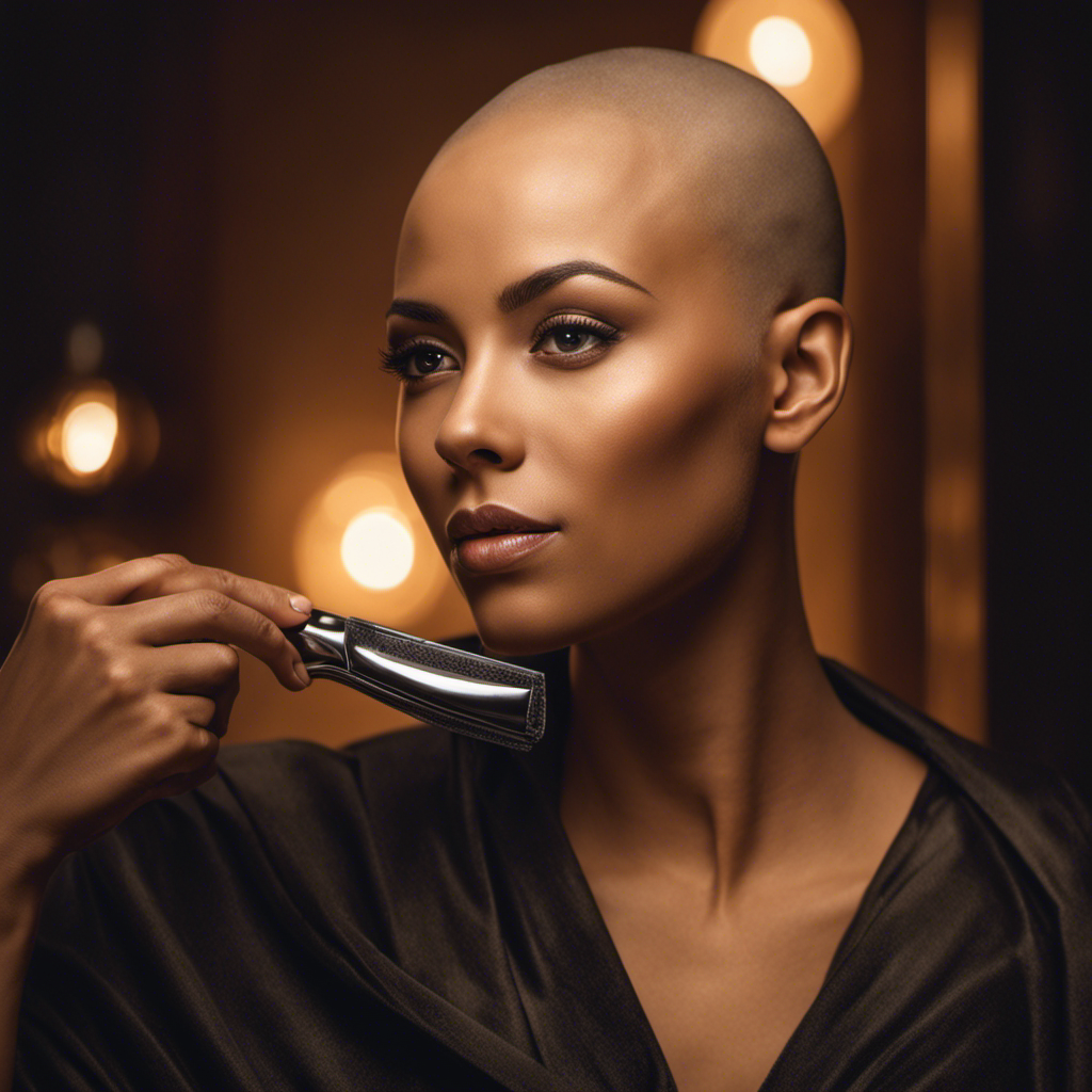 An image that captures a woman confidently shaving her head, her eyes gleaming with determination, surrounded by a soft, warm light, symbolizing empowerment and liberation