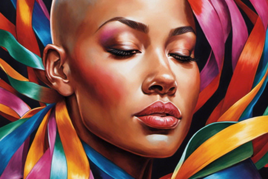 An image depicting a tender moment of a person with a shaved head, surrounded by vibrant, colorful ribbons symbolizing support and unity, evoking emotions of resilience, sacrifice, and camaraderie in the fight against cancer