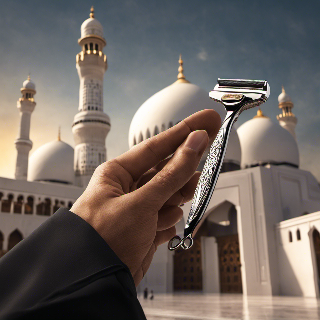 An image showcasing a close-up of a hand holding a razor, gently gliding it over a smooth, clean-shaven head during Umrah