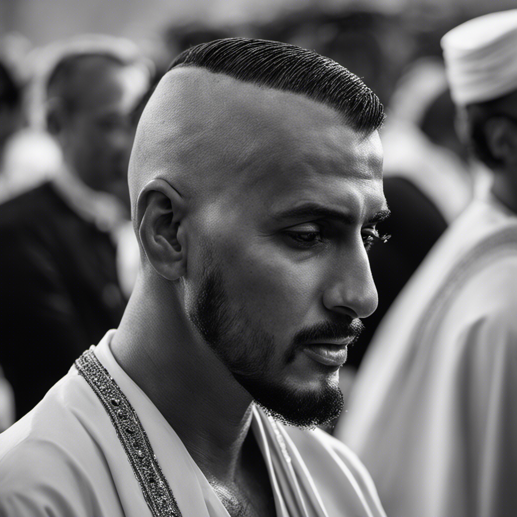 An image showcasing a close-up of a man's head being shaved with a razor during Hajj