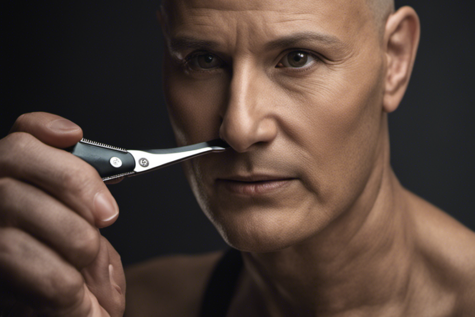 An image capturing the tender moment of a person with cancer, delicately holding a razor, their bald head gleaming under soft lighting