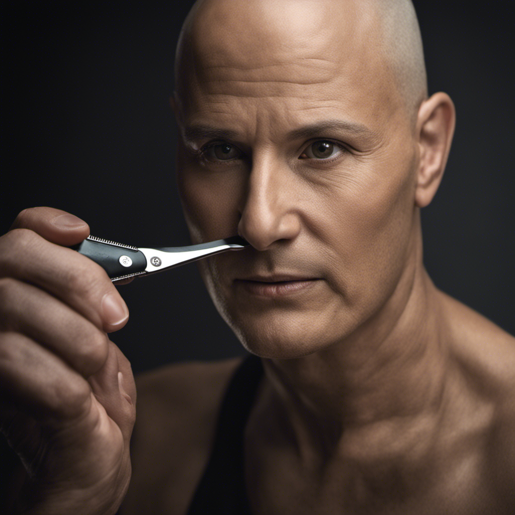 An image capturing the tender moment of a person with cancer, delicately holding a razor, their bald head gleaming under soft lighting