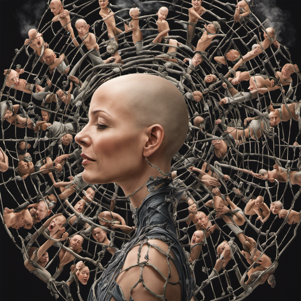 An image that depicts a person with cancer, surrounded by a supportive network of loved ones, as they bravely shave their head