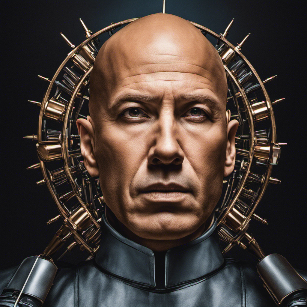 An image depicting a close-up of a bald head with a serene expression, surrounded by a symbolic electric chair