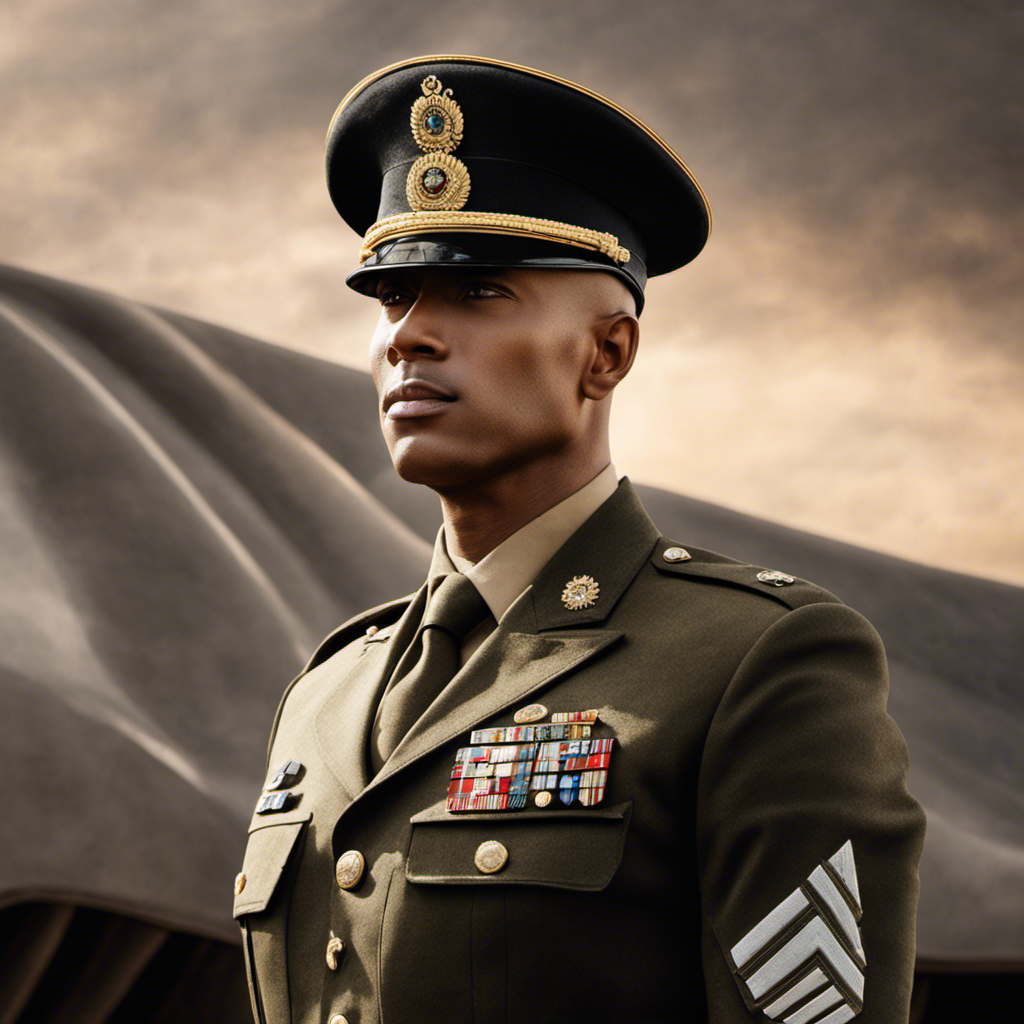 An image that portrays a soldier with a clean-shaven head, standing tall and proud in uniform